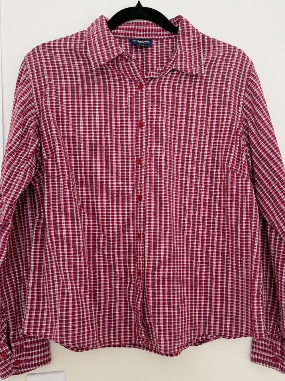 VINTAGE 90s Cherokee red white micro plaid crinkle cotton shirt L